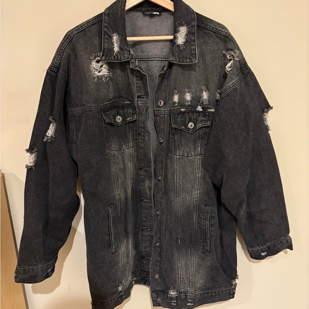 Fashion Nova Charcoal Distressed Jean Jacket - Oversized Fit